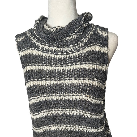 Free People Striped Grey and White Folksong Fringe Knit Boho Cowl Neck Sweater - Picture 4 of 7